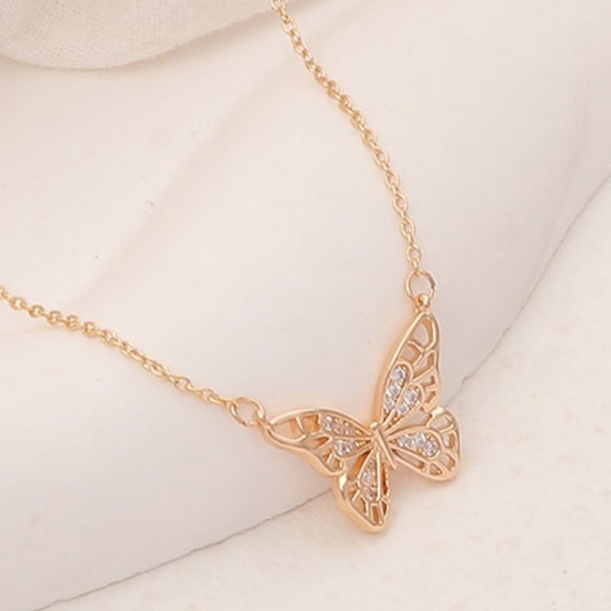 Picture of Hypoallergenic Natural Pastoral Insect 18K Gold Color Transparent Clear Copper & Cubic Zirconia Rolo Chain Butterfly Animal Micro Pave Pendant Necklace For Women Anniversary 45cm(17 6/8") long, 1 Piece