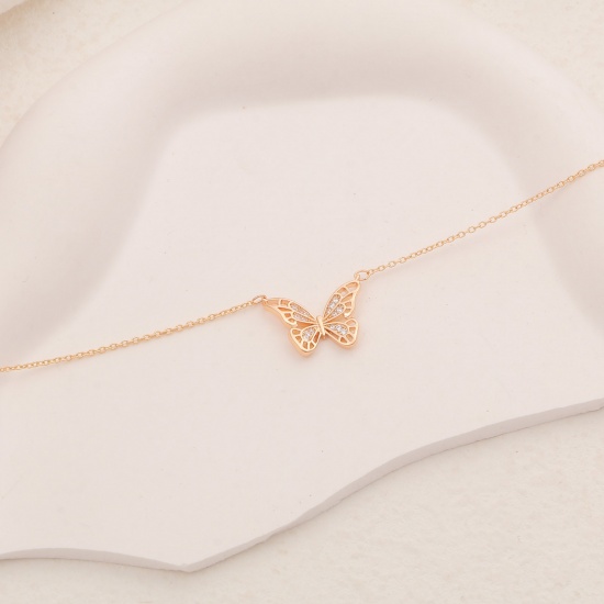 Picture of Hypoallergenic Natural Pastoral Insect 18K Gold Color Transparent Clear Copper & Cubic Zirconia Rolo Chain Butterfly Animal Micro Pave Pendant Necklace For Women Anniversary 45cm(17 6/8") long, 1 Piece