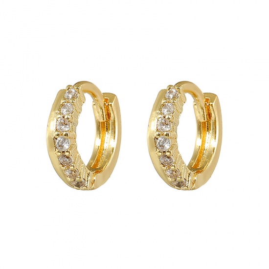 Picture of Hypoallergenic Stylish Exquisite 18K Gold Plated Transparent Clear Brass & Rhinestone Micro Pave Hoop Earrings For Women 11mm Dia., 1 Pair