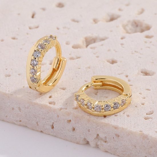 Picture of Hypoallergenic Stylish Exquisite 18K Gold Plated Transparent Clear Brass & Rhinestone Micro Pave Hoop Earrings For Women 11mm Dia., 1 Pair