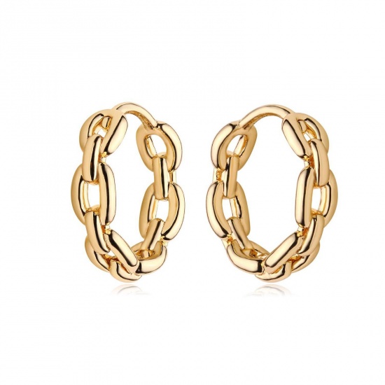 Imagen de Hipoalergénico Sencillo & Casual Sencillo Chapado en Oro de 18K Latón Cadena de Enlace Aretes de Aro Para Mujeres 13mm Dia., 1 Par