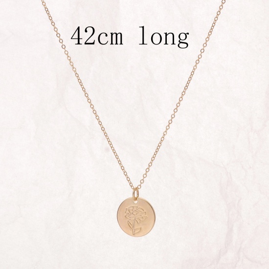 Picture of Hypoallergenic Simple & Casual Birth Month Flower 14K Gold Color Copper Link Cable Chain Round Carnation Flower Pendant Necklace For Women Birthday 42cm(16 4/8") long, 1 Piece