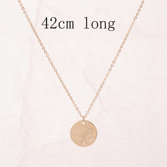 Picture of Hypoallergenic Simple & Casual Birth Month Flower 14K Gold Color Copper Link Cable Chain Round Violet Flower Pendant Necklace For Women Birthday 42cm(16 4/8") long, 1 Piece