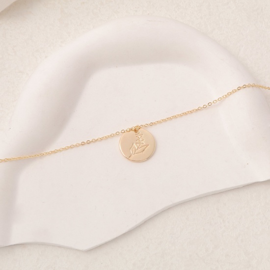 Picture of Hypoallergenic Simple & Casual Birth Month Flower 14K Gold Color Copper Link Cable Chain Round Lily Of The Valley Flower Pendant Necklace For Women Birthday 42cm(16 4/8") long, 1 Piece