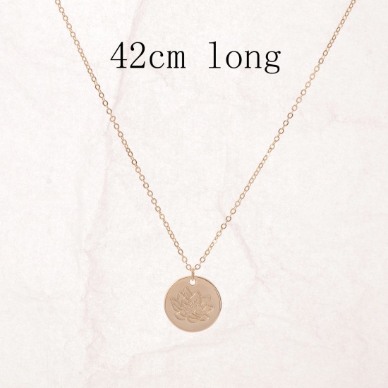 Picture of Hypoallergenic Simple & Casual Birth Month Flower 14K Gold Color Copper Link Cable Chain Round Lotus Flower Pendant Necklace For Women Birthday 42cm(16 4/8") long, 1 Piece
