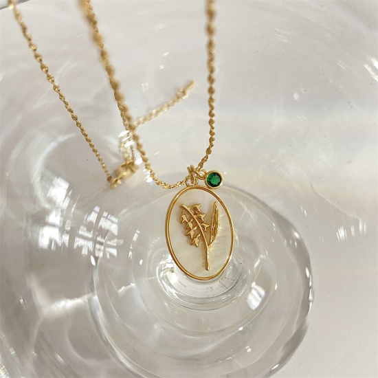 Picture of Hypoallergenic Dainty Birth Month Flower 14K Gold Color Green Copper & Rhinestone Braided Rope Chain Lilium Oval Pendant Necklace For Women Birthday 44cm(17 3/8") long, 1 Piece