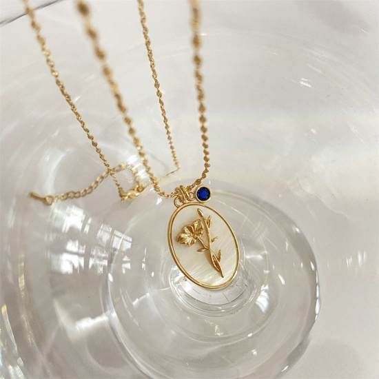 Picture of Hypoallergenic Dainty Birth Month Flower 14K Gold Color Royal Blue Copper & Rhinestone Braided Rope Chain Aster Oval Pendant Necklace For Women Birthday 44cm(17 3/8") long, 1 Piece