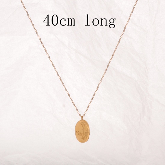 Picture of Hypoallergenic Simple & Casual Birth Month Flower 18K Gold Color 316 Stainless Steel Link Cable Chain Oval January Message " January " Pendant Necklace For Women Birthday 40cm(15 6/8") long, 1 Piece