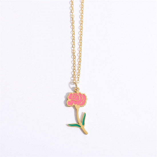 Picture of Hypoallergenic Sweet & Cute Birth Month Flower 18K Gold Color Pink 316 Stainless Steel Rolo Chain January Enamel Pendant Necklace For Women Birthday 40cm(15 6/8") long, 1 Piece