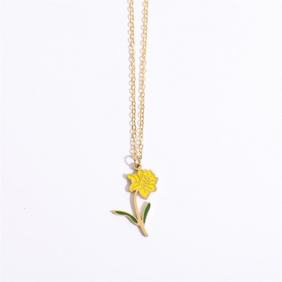Picture of Hypoallergenic Sweet & Cute Birth Month Flower 18K Gold Color Yellow 316 Stainless Steel Rolo Chain March Enamel Pendant Necklace For Women Birthday 40cm(15 6/8") long, 1 Piece