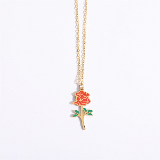 Picture of Hypoallergenic Sweet & Cute Birth Month Flower 18K Gold Color Red 316 Stainless Steel Rolo Chain June Enamel Pendant Necklace For Women Birthday 40cm(15 6/8") long, 1 Piece
