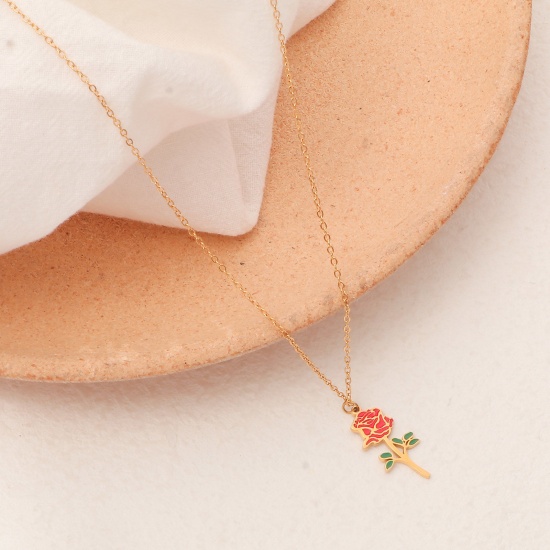 Picture of Hypoallergenic Sweet & Cute Birth Month Flower 18K Gold Color Red 316 Stainless Steel Rolo Chain June Enamel Pendant Necklace For Women Birthday 40cm(15 6/8") long, 1 Piece