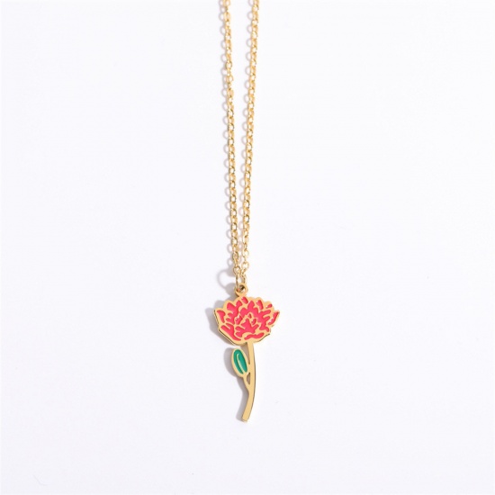 Picture of Hypoallergenic Sweet & Cute Birth Month Flower 18K Gold Color Hot Pink 316 Stainless Steel Rolo Chain July Enamel Pendant Necklace For Women Birthday 40cm(15 6/8") long, 1 Piece