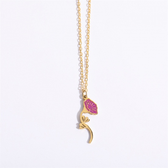 Picture of Hypoallergenic Sweet & Cute Birth Month Flower 18K Gold Color Fuchsia 316 Stainless Steel Rolo Chain September Enamel Pendant Necklace For Women Birthday 40cm(15 6/8") long, 1 Piece