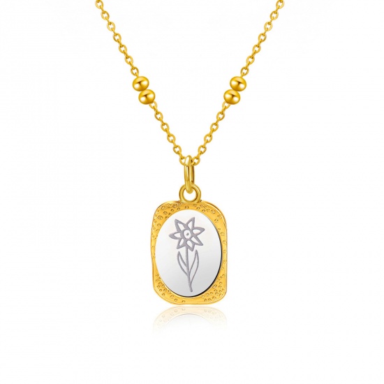 Picture of Hypoallergenic Stylish Birth Month Flower Gold Plated & Silver Tone 304 Stainless Steel Ball Chain Oval Narcissus/ Daffodil Flower Pendant Necklace For Women Birthday 46cm(18 1/8") long, 1 Piece