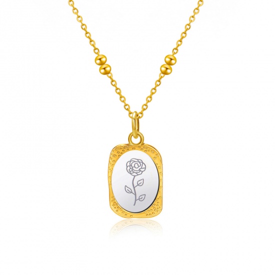 Picture of Hypoallergenic Stylish Birth Month Flower Gold Plated & Silver Tone 304 Stainless Steel Ball Chain Oval Rose Flower Pendant Necklace For Women Birthday 46cm(18 1/8") long, 1 Piece