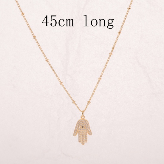 Picture of Eco-friendly Simple & Casual Religious 14K Gold Plated Brass Ball Chain Hamsa Symbol Hand Micro Pave Pendant Necklace For Women 45cm(17 6/8") long, 1 Piece