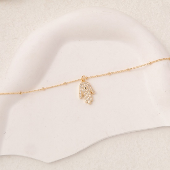 Picture of Eco-friendly Simple & Casual Religious 14K Gold Plated Brass Ball Chain Hamsa Symbol Hand Micro Pave Pendant Necklace For Women 45cm(17 6/8") long, 1 Piece