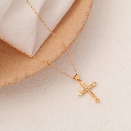 Picture of Eco-friendly Simple & Casual Religious 18K Gold Plated Copper Link Cable Chain Cross Pendant Necklace For Women 45cm(17 6/8") long, 1 Piece