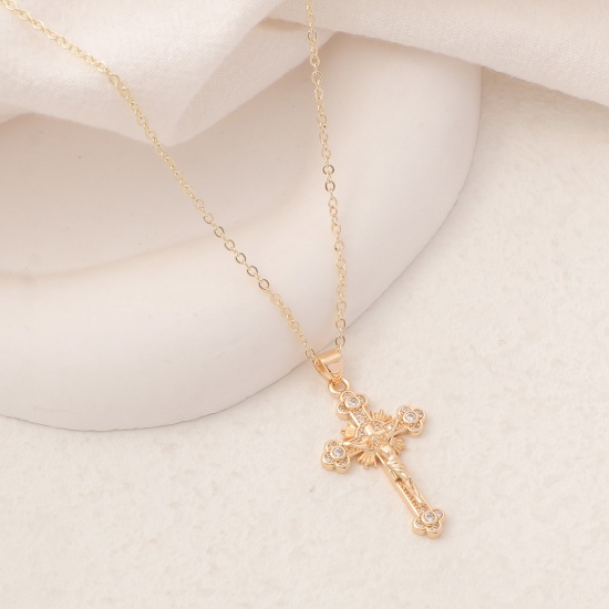 Bild von Umweltfreundlich Einfach und lässig Religiös 14K Gold Messing Gliederkette Kette Kreuz Jesus Anhänger Halskette Für Frauen 40cm lang, 1 Strang