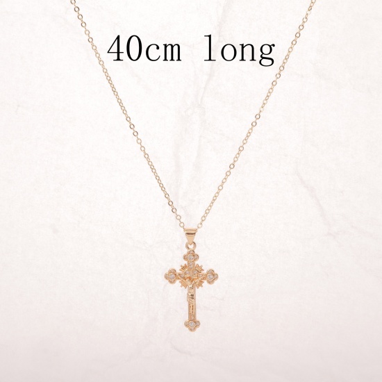 Picture of Eco-friendly Simple & Casual Religious 14K Gold Plated Brass Link Cable Chain Cross Jesus Pendant Necklace For Women 40cm(15 6/8") long, 1 Piece