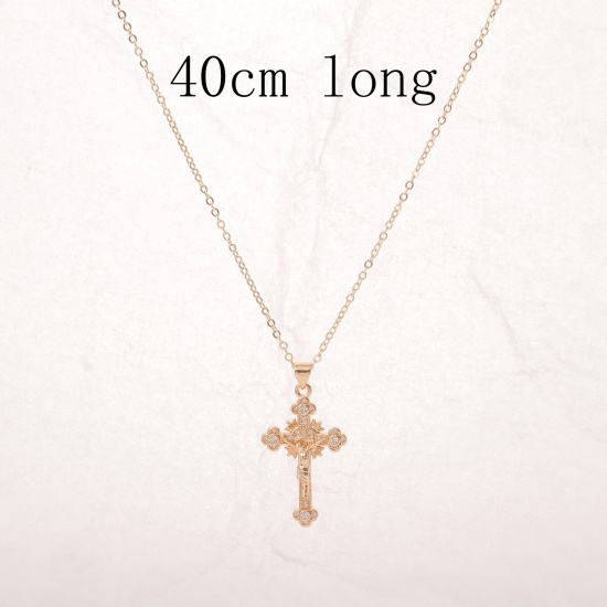 Bild von Umweltfreundlich Einfach und lässig Religiös 14K Gold Messing Gliederkette Kette Kreuz Jesus Anhänger Halskette Für Frauen 40cm lang, 1 Strang