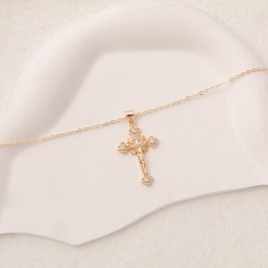 Picture of Eco-friendly Simple & Casual Religious 14K Gold Plated Brass Link Cable Chain Cross Jesus Pendant Necklace For Women 40cm(15 6/8") long, 1 Piece