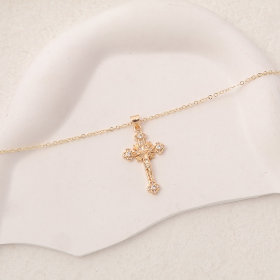 Bild von Umweltfreundlich Einfach und lässig Religiös 14K Gold Messing Gliederkette Kette Kreuz Jesus Anhänger Halskette Für Frauen 40cm lang, 1 Strang