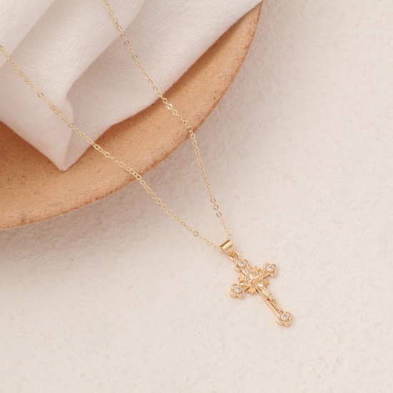 Bild von Umweltfreundlich Einfach und lässig Religiös 14K Gold Messing Gliederkette Kette Kreuz Jesus Anhänger Halskette Für Frauen 40cm lang, 1 Strang