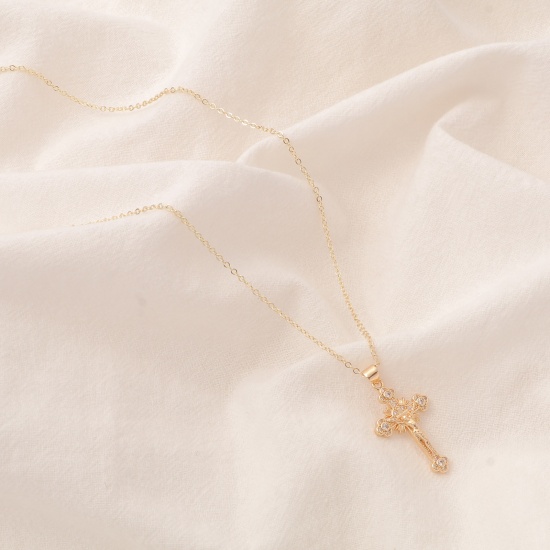 Bild von Umweltfreundlich Einfach und lässig Religiös 14K Gold Messing Gliederkette Kette Kreuz Jesus Anhänger Halskette Für Frauen 40cm lang, 1 Strang