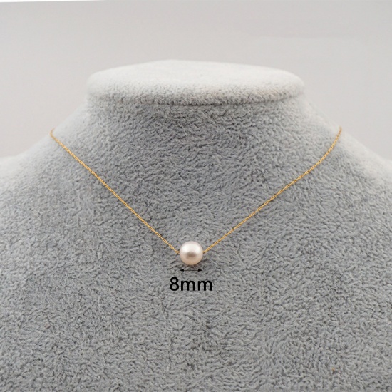 Picture of 1 Piece Vacuum Plating Dainty Classic 18K Gold Plated Freshwater Cultured Pearl Link Cable Chain Round Pendant Necklace For Women 40cm(15 6/8") long