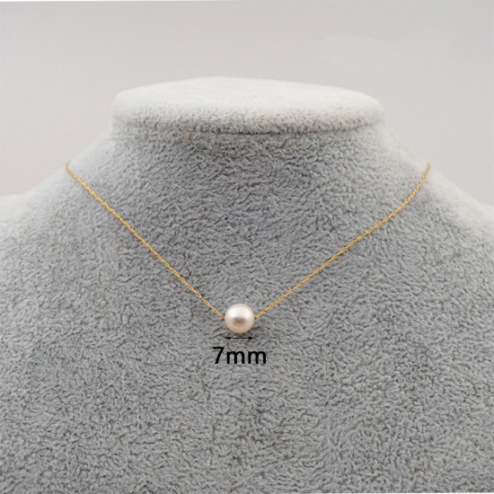 Picture of 1 Piece Vacuum Plating Dainty Classic 18K Gold Plated Freshwater Cultured Pearl Link Cable Chain Round Pendant Necklace For Women 40cm(15 6/8") long