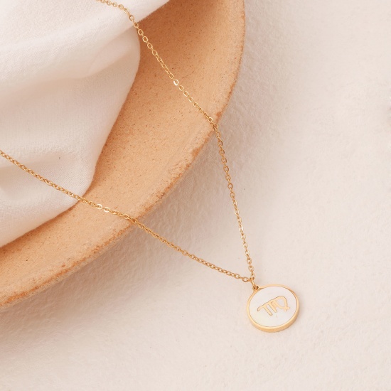 Picture of Eco-friendly Simple & Casual Stylish 18K Gold Plated 304 Stainless Steel Link Cable Chain Round Virgo Sign Of Zodiac Constellations Imitation Shell Pendant Necklace For Women 45cm(17 6/8") long, 1 Piece