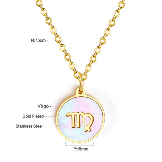 Picture of Eco-friendly Simple & Casual Stylish 18K Gold Plated 304 Stainless Steel Link Cable Chain Round Gemini Sign Of Zodiac Constellations Imitation Shell Pendant Necklace For Women 45cm(17 6/8") long, 1 Piece