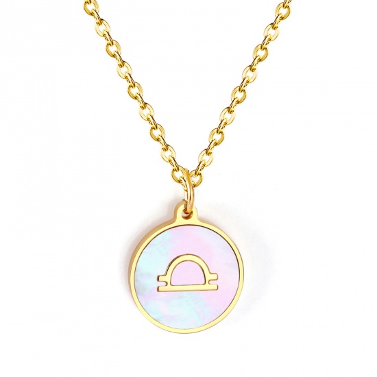 Picture of Eco-friendly Simple & Casual Stylish 18K Gold Plated 304 Stainless Steel Link Cable Chain Round Libra Sign Of Zodiac Constellations Imitation Shell Pendant Necklace For Women 45cm(17 6/8") long, 1 Piece