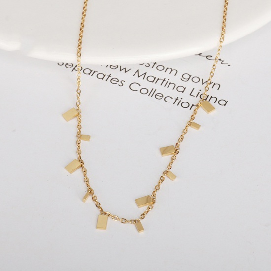 Picture of 1 Piece Vacuum Plating Simple & Casual Stylish 14K Gold Color 304 Stainless Steel Link Cable Chain Tassel Rectangle Pendant Necklace For Women 40cm(15 6/8") long