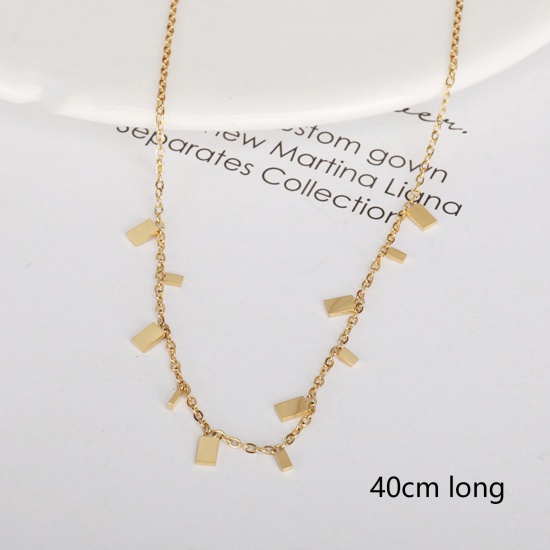 Picture of 1 Piece Vacuum Plating Simple & Casual Stylish 14K Gold Color 304 Stainless Steel Link Cable Chain Tassel Rectangle Pendant Necklace For Women 40cm(15 6/8") long