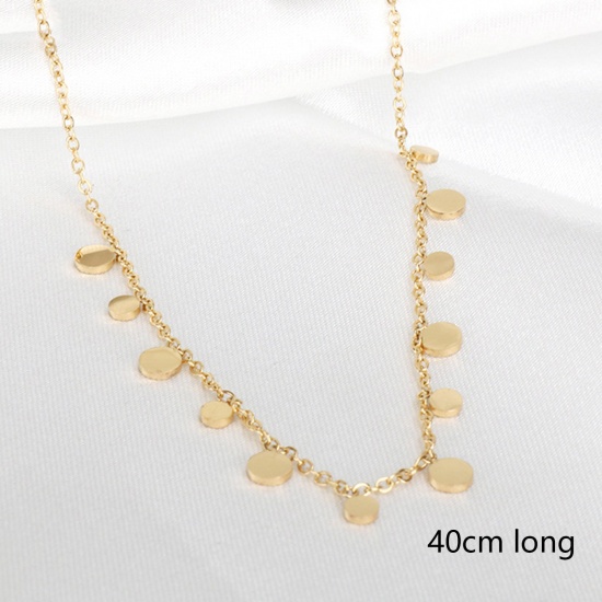Picture of 1 Piece Vacuum Plating Simple & Casual Stylish 14K Gold Color 304 Stainless Steel Link Cable Chain Tassel Round Pendant Necklace For Women 40cm(15 6/8") long