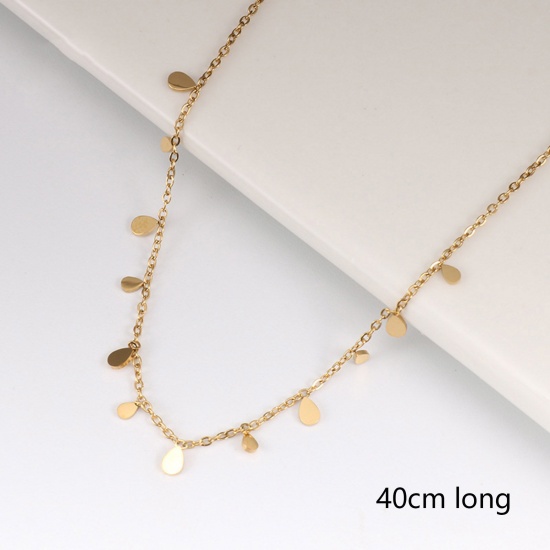 Picture of 1 Piece Vacuum Plating Simple & Casual Stylish 14K Gold Color 304 Stainless Steel Link Cable Chain Tassel Drop Pendant Necklace For Women 40cm(15 6/8") long