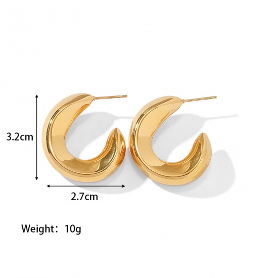 Picture of 1 Pair Vacuum Plating Simple & Casual Stylish 18K Real Gold Plated 304 Stainless Steel C Shape Wave Hoop Earrings For Women 3.2cm x 2.7cm