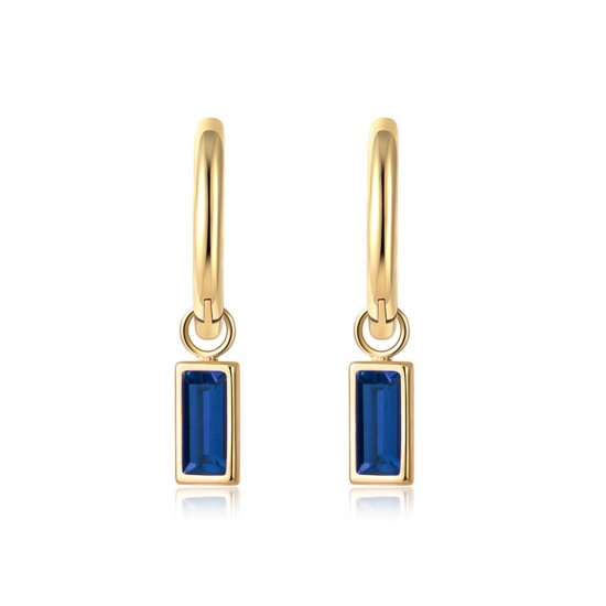 Picture of Eco-friendly Exquisite Simple 14K Real Gold Plated Blue 304 Stainless Steel & Cubic Zirconia Rectangle Earrings For Women 2.3cm x 1cm, 1 Pair
