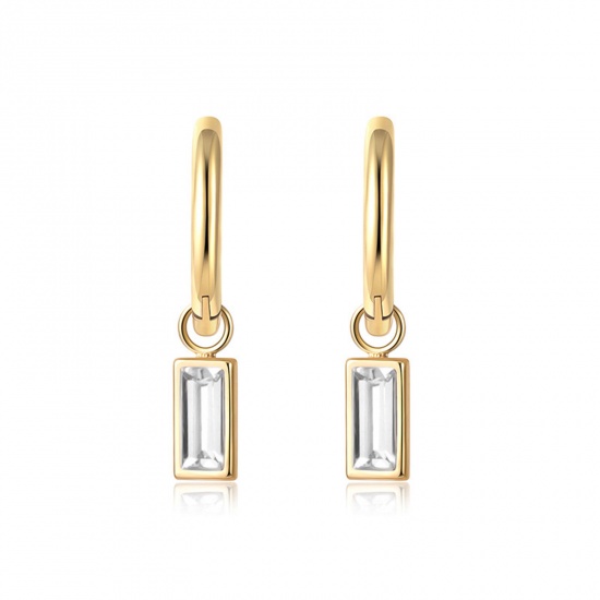Picture of Eco-friendly Exquisite Simple 14K Real Gold Plated Transparent Clear 304 Stainless Steel & Cubic Zirconia Rectangle Earrings For Women 2.3cm x 1cm, 1 Pair
