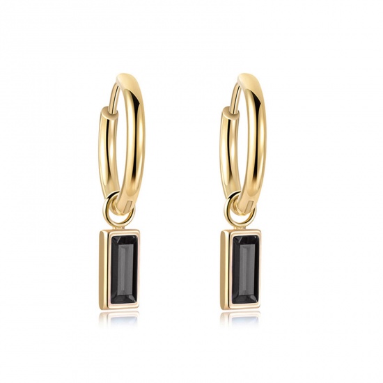 Picture of Eco-friendly Exquisite Simple 14K Real Gold Plated Black 304 Stainless Steel & Cubic Zirconia Rectangle Earrings For Women 2.3cm x 1cm, 1 Pair