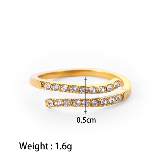 Picture of 1 Piece Vacuum Plating Exquisite Stylish 18K Real Gold Plated 304 Stainless Steel & Cubic Zirconia Open Adjustable Rings For Women 18mm(US Size 7.75)