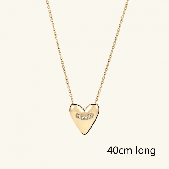 Picture of 1 Piece Vacuum Plating Sweet & Cute Valentine's Day 18K Gold Plated 304 Stainless Steel & Cubic Zirconia Link Cable Chain Heart Pendant Necklace For Women Valentine's Day 40cm(15 6/8") long