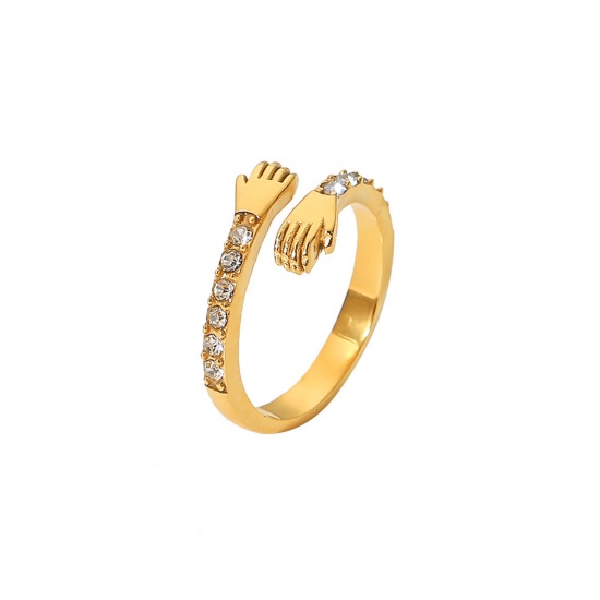 Immagine di 1 Pz Placcatura Sottovuoto Squisito Elegante 18K Vero Oro Placcato 304 Acciaio Inossidabile Aperto Regolabile Mani Anello Per Donne Festa della Mamma 17mm (taglia di US: 6.5)