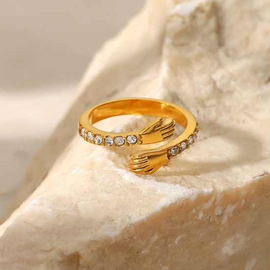 Immagine di 1 Pz Placcatura Sottovuoto Squisito Elegante 18K Vero Oro Placcato 304 Acciaio Inossidabile Aperto Regolabile Mani Anello Per Donne Festa della Mamma 17mm (taglia di US: 6.5)