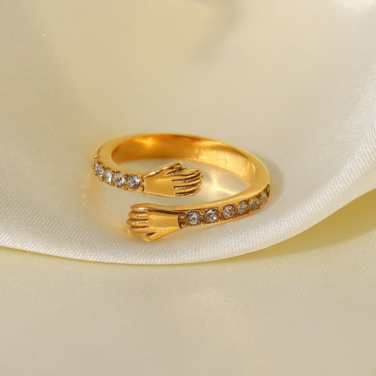 Immagine di 1 Pz Placcatura Sottovuoto Squisito Elegante 18K Vero Oro Placcato 304 Acciaio Inossidabile Aperto Regolabile Mani Anello Per Donne Festa della Mamma 17mm (taglia di US: 6.5)