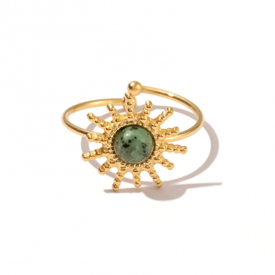 Immagine di 1 Pz Placcatura Sottovuoto Pastorale Naturale Stile Bohemien 18K Vero Oro Placcato 304 Acciaio Inossidabile & Pietra Aperto Regolabile Sole Anello Per Donne 1.8cm x 1.6cm