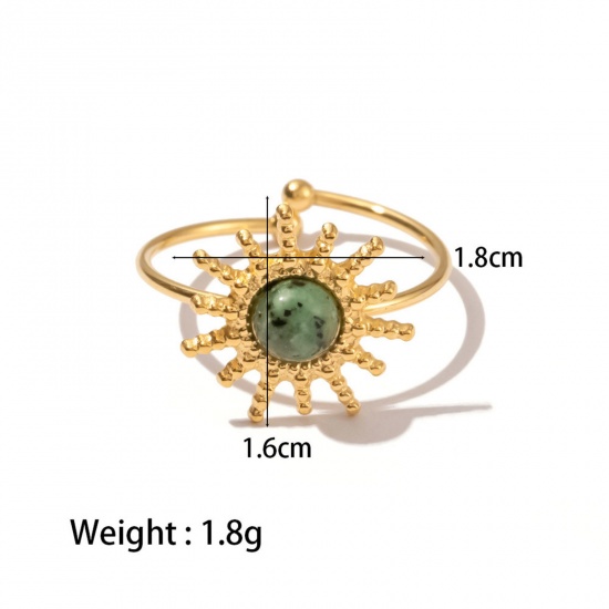 Immagine di 1 Pz Placcatura Sottovuoto Pastorale Naturale Stile Bohemien 18K Vero Oro Placcato 304 Acciaio Inossidabile & Pietra Aperto Regolabile Sole Anello Per Donne 1.8cm x 1.6cm